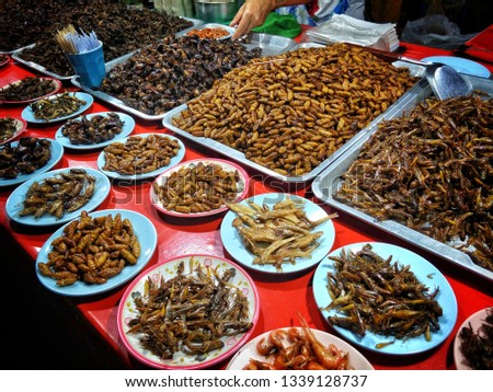 Fried insects thai food style at street market.