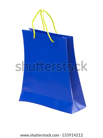 Blue paper bag closeup isolated on white background