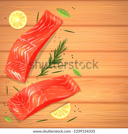 Vector illustration of fresh salmon on wooden table with green rosemary and lemons 