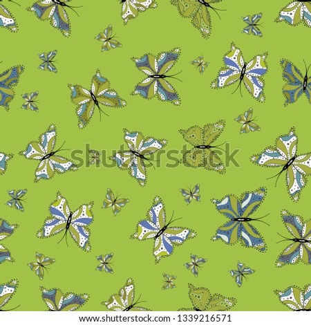 Seamless pattern. Of watercolor butterflies on white, green and blue background. Perfect for web page backgrounds, wallpapers, textile, surface textures. Vector illustration. Vector.
