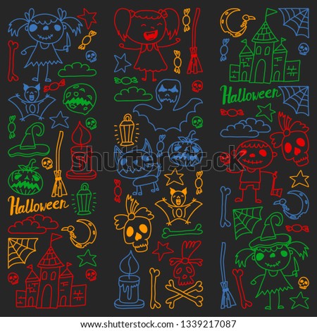Halloween themed doodle set. Traditional and popular symbols - carved pumpkin, party costumes, witches, ghosts, monsters, vampires, skeletons, skulls, candles, bats. Isolated over black background.