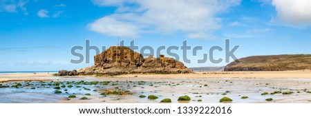 Panoramic shot of the golden sandy beach at  Perranporth Cornwall England UK Europe