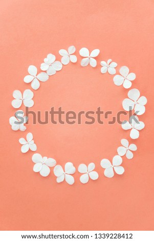 Springtime floral composition picture. Frame made of fresh white flowers on pastel pink background images. Flat lay, top view, copy space. Vertical photo