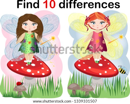 Find differences education game for children, fairy in the nature.