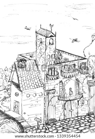 Cartoon castle drawn by hand. Sketch. Fantasy. On a white background.