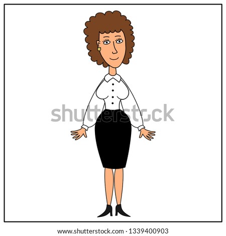 Businesswoman in white blouse and black skirt isolated on white background.