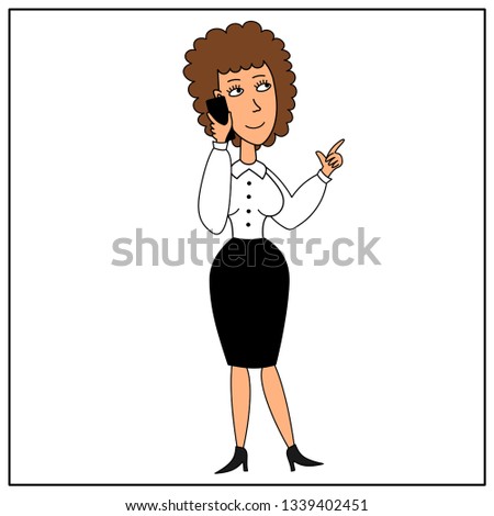 Businesswoman in white blouse and black skirt talking on the phone, isolated on white background.