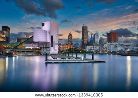 Photo of the Cleveland skyline at the sunset time