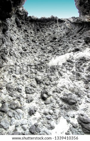 indiana Jones movie stage and the last crusade, tongues of lava eroded by the sea, the auto clastic gaps or pyroclastic andesite, The petrified wave, beach of Mónsul, Natural Park, Cabo de Gata, spain Royalty-Free Stock Photo #1339410356