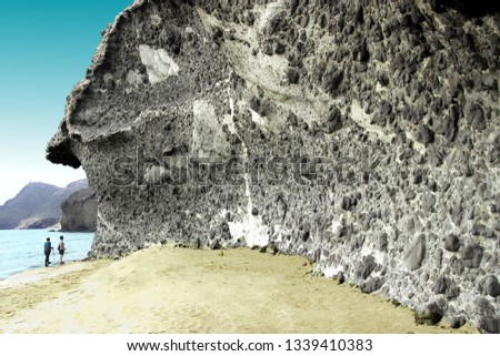 indiana Jones movie stage and the last crusade, tongues of lava eroded by the sea, the auto clastic gaps or pyroclastic andesite, The petrified wave, beach of Mónsul, Natural Park, Cabo de Gata, spain Royalty-Free Stock Photo #1339410383