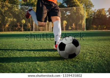 Picture of man in action. He is going to kick ball with leg. Guy play on lawn alone. It is sunny day.