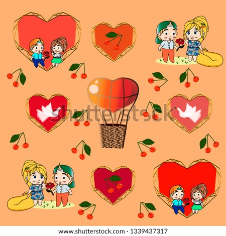 Love around. Doodle cute miniature romantic scene about love. Vector illustration, greetings card design. Cute cartoon symbols for Valentine's day. Holiday design. Wedding design.