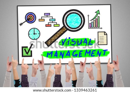 Visual management concept on a whiteboard pointed by several fingers