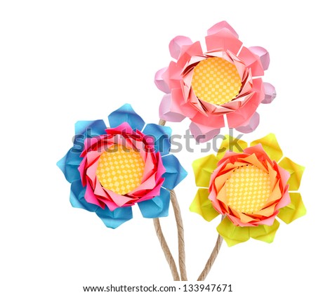 Paper lotus origami bouquet branches isolated white background Royalty-Free Stock Photo #133947671