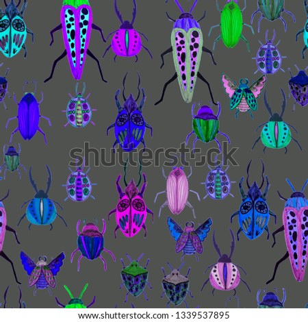Creative seamless pattern with colorful hand drawn beetles.