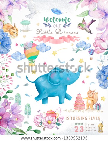 Happy birthday card with cute Elephant Watercolor animal. Cute baby greeting card. Boho flowers and floral bouquets Happy Birthday set. Watercolor greeting baby clip art on white background.