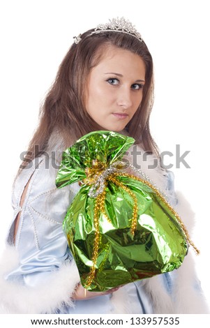 Snow Maiden with a gift on a white background