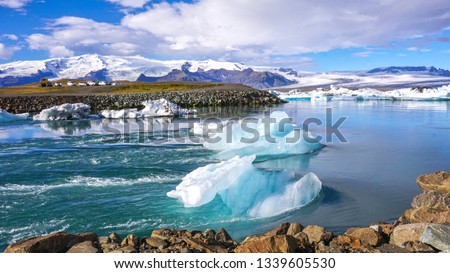 The Jokulsarlon glacier lagoon.When the climate was changing the snow melt down from the mountain then some part became small iceberg and flow to the Arctic ocean. Iceland