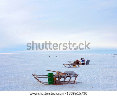 Ethnography. Beautiful sleigh northern inhabitants of Siberia. Arctic winter tundra