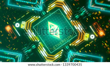 Ethereum Virtual Machine symbol illustration. Finance and business theme. Glow neon lights, blur, bokeh.