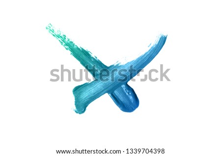 Bright liquid lipstick smear in the form of a check mark isolated on a white background. Cosmetic product stroke. Yes sign for checkbox. Turquoise blue color