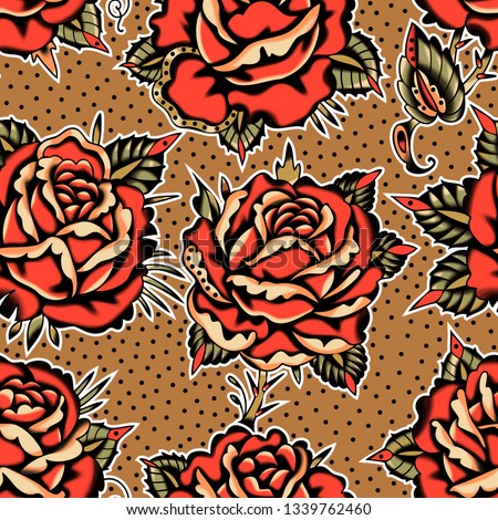 Red Roses Pattern Tattoo Style. Beige Background