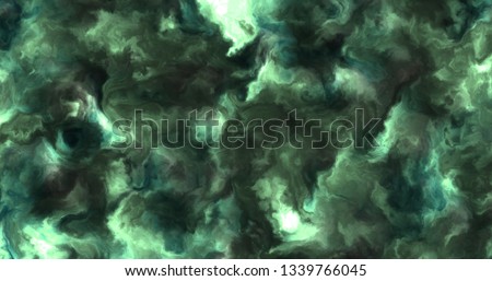 Stormy green, blue and cyan clouds in a nebula in space, slowly moving, forming and dissolving.