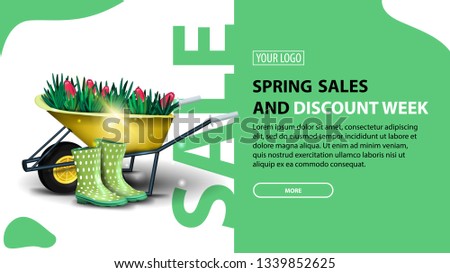 Spring sales and discount week, modern green horizontal discount banner with button and garden wheelbarrow with tulips