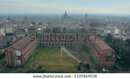 Aerial shot of historic Castello Visconteo or Visconti Castle and the cityscape of Pavia, Italy