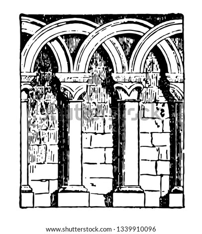 Arcature is a Interlacing arches forming it’s a round arches Romanesque Architecture vintage line drawing or engraving illustration.