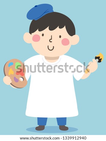 Illustration of a Kid Boy Wearing a Big White Shirt Canvas and Holding Paintbrush and Paint on Palette