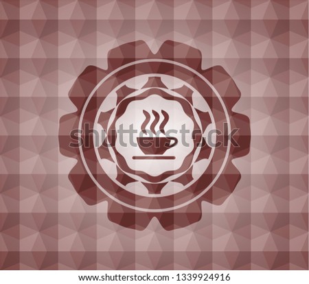 coffee cup icon inside red geometric badge. Seamless.