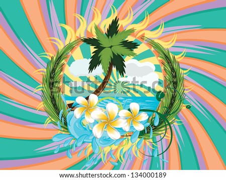 Sunny tropical island with palm tree and splashing water background.
