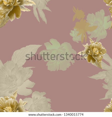 Hand-made watercolor of piones seamless pattern on brown background. Beautiful hand drawn texture. Romantic background for web pages, wedding invitations, textile, wallpaper, websites