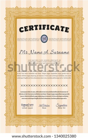 Orange Certificate template. Vector illustration. With complex background. Beauty design. 