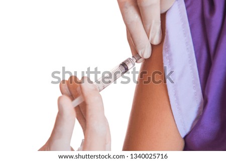 closeup of doctor injecting patient with syringe in the hospital . health care. isolated on white background of file with Clipping Path .