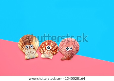 funny seashells with eyes on pink and blue background.  minimal concept of Vacation travel, summer tropical weekend, adventure trip background. copy space