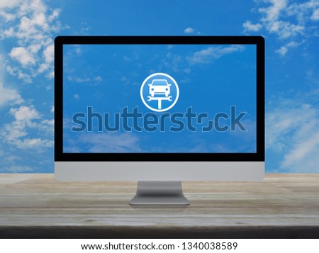 Service fix car with wrench tool flat icon on desktop modern computer monitor screen on wooden table over blue sky with white clouds, Business repair car service online concept