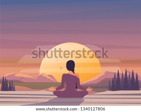 Vector illustration image of morning meditation by the nature.Good looking woman doing yoga in lotus position.Modern lifestyle  of successful people. International Yoga Day on 21st June Royalty-Free Stock Photo #1340127806