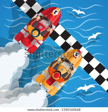 The racing boats at the finish line. View from above. Vector illustration.