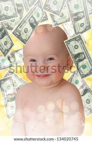 smiling baby and money rain on yellow background