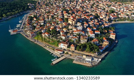 Aerial drone panoramic photo of picturesque marine fishing village of Galaxidi with unique character, Fokida, Greece