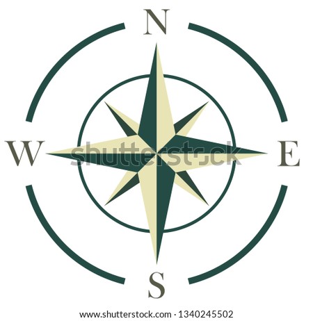 Green colored Simple Compass rose symbol for marine or nautical navigation and also for including in a map on a isolated white background as vector.