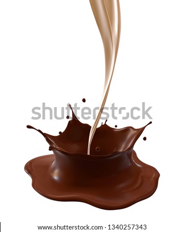 3d render. Pouring a flow of milk into chocolate isolated on white background. Milk and chocolate splashes clip art. 