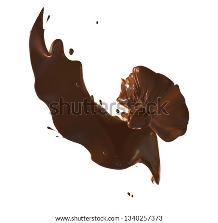 3d render. Realistic chocolate splash in shape of flower isolated on white background. Liquid chocolate shaped like a flower clip art.