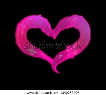 3d render. Liquid glowing pink splashes in shape of heart isolated on black. Fashion background. Neon glowing 3d heart clipart.