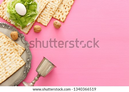 Pesah celebration concept (jewish Passover holiday). Top view, flat lay