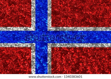 Norwegian flag with texture of leaves and bushes. Background wallpaper for installation and design. Space for text.