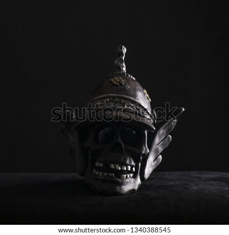 skull in vintage military helmet