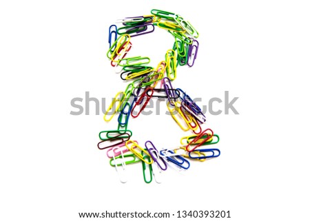 The number "8" of color clips, with a soft blur at the bottom, on a white background